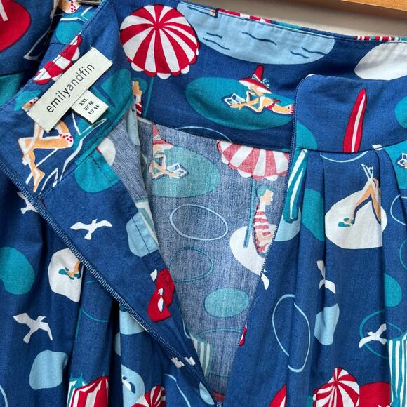Emily & Fin Women’s A-Line Cotten Skirt XXL UK18 Pockets Retro Beach Print Blue - Picture 7 of 8